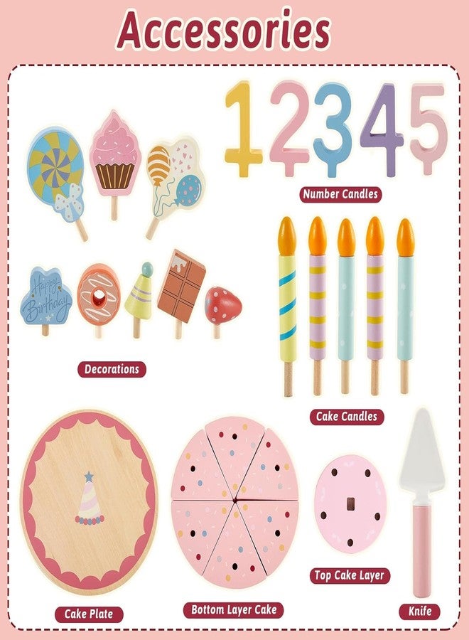 KITMEER Kids Pretend Birthday Cake Toy Set, 2-Tier Wooden Cutting Cake with Plate, Candles, Decorations, Kitchen Play Food Gift for Children 3+ - Image 3